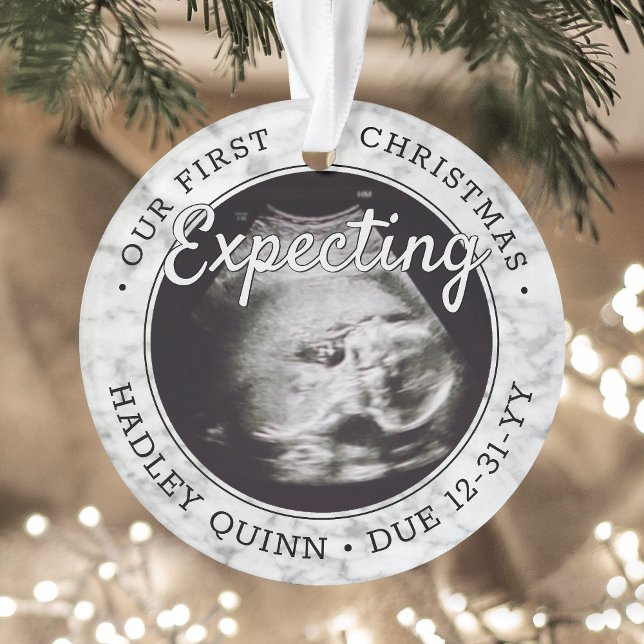 2 Photo Baby Ultrasound New Parents Faux Marble Ornament (Creator Uploaded)