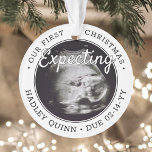 2 Photo Baby Ultrasound Parents Expecting Modern Ornament<br><div class="desc">Celebrate the precious gift of your newest family member with a stylish two photo round acrylic ornament. Gender neutral design is suitable for a new baby boy or girl. Wording and pictures on this template are simple to personalise, and can be different or the same on front and back. (IMAGE...</div>