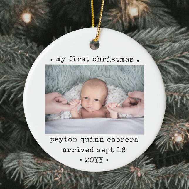 2 Photo Baby's 1st Christmas Modern Minimal Round Ceramic Tree Decoration (Creator Uploaded)