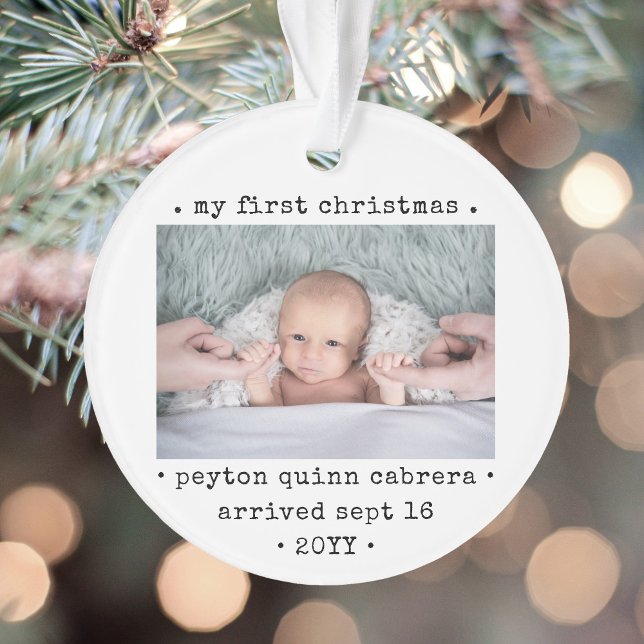 2 Photo Baby's 1st Christmas Modern Minimal Round Ornament (Creator Uploaded)