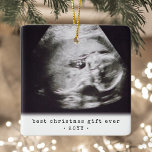2 Photo Best Gift Ever Baby Ultrasound Christmas Ceramic Ornament<br><div class="desc">Celebrate the precious gift your newest family member with a stylish two photo square ceramic ornament. Gender neutral design is suitable for a new baby boy or girl. Wording and pictures on this template are simple to personalise, and can be different or the same on front and back. (IMAGE DESIGN...</div>