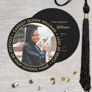 2 Photo Black and Gold Round Graduation Invitation