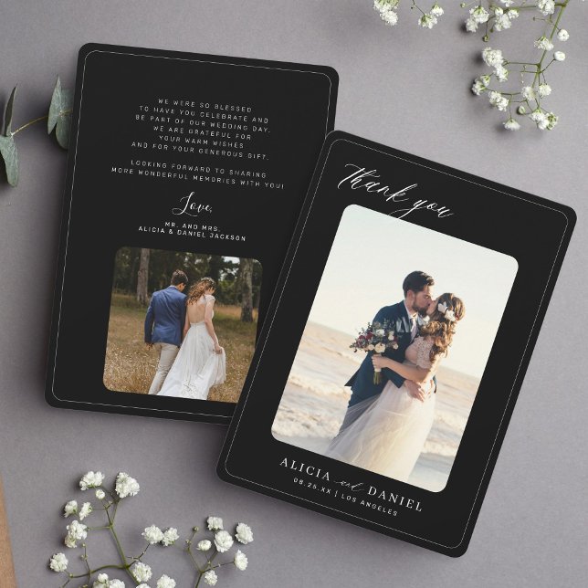 2 photo black and white elegant wedding thank you card (Creator Uploaded)