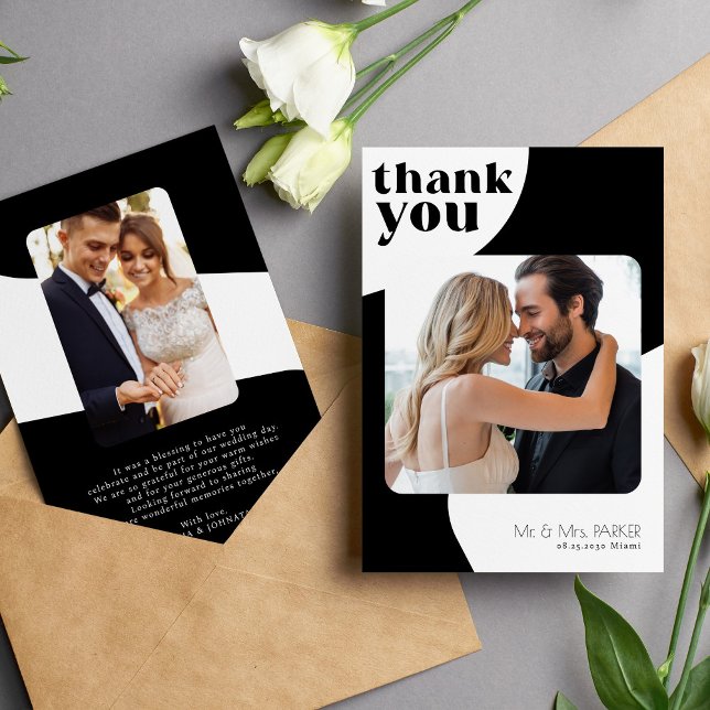2 photo black and white wedding thank you card (Creator Uploaded)