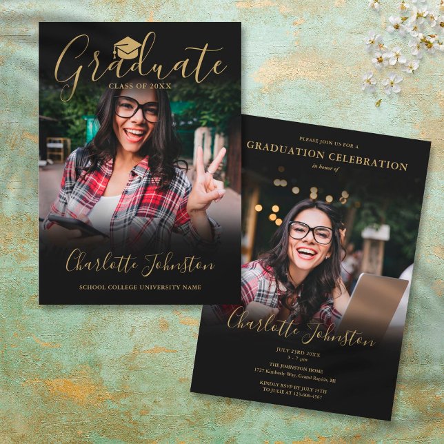 2 Photo Black Gold Script Photo Graduation Party Invitation (2 Photo Black Gold Script Photo Graduation Party Invitation)
