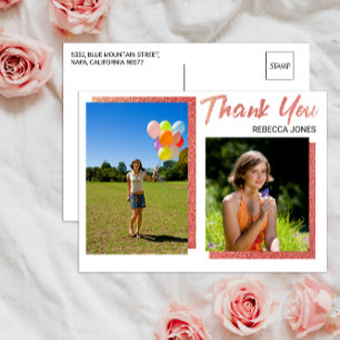 2 Photo Blocks Rose Gold Graduation Thank You Postcard