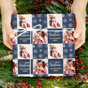2 Photo Blue Merry Christmas  Wrapping Paper