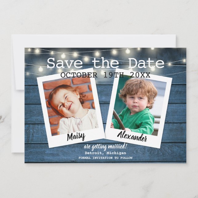2 Photo Blue Rustic Wood String Lights Save The Date (Front)