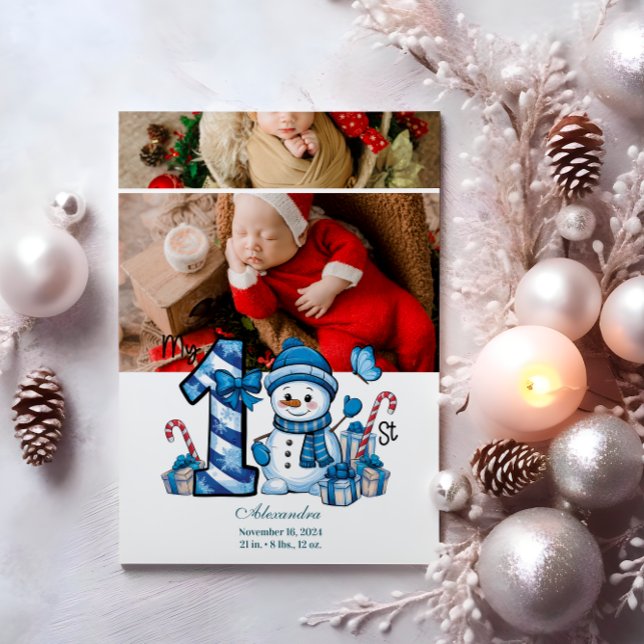 2 Photo Blue Snowman First Christmas Holiday Card (Creator Uploaded)