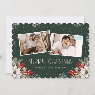 2 Photo Botanical Green Newlywed Merry Christmas Holiday Card