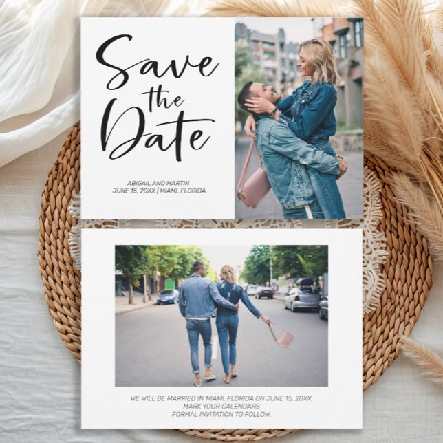 2 Photo Brush Script Wedding Save the Date (Wedding Save-the-Date 2 photo front/back card)