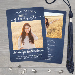 2 Photo Brushed Navy Blue White Script Graduation Announcement
