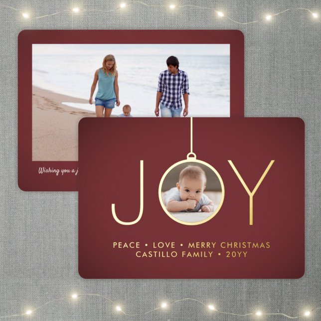 2 Photo Burgundy Modern Joy Christmas Ornament (Creator Uploaded)