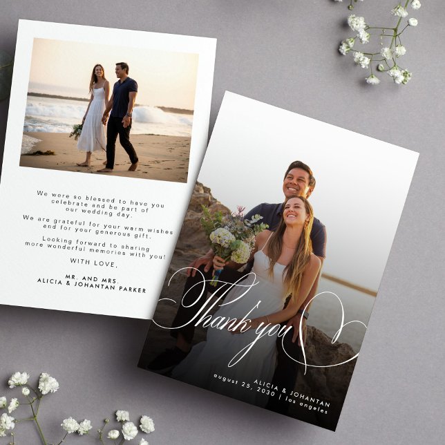 2 photo calligraphy script simple wedding thank you card (Creator Uploaded)