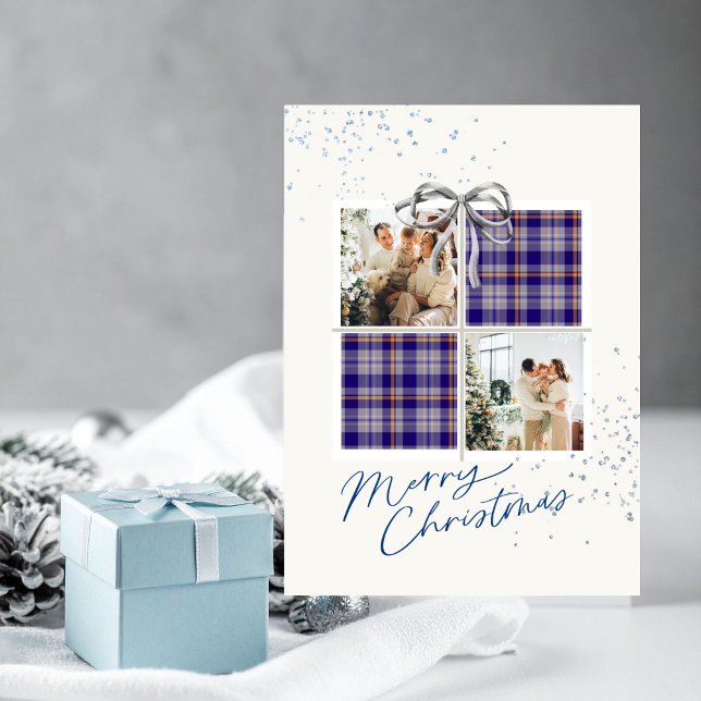 2-Photo Card Blue Tartan Christmas Present (Personalized Christmas card with two photo frames and festive holiday details)