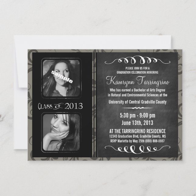 2 Photo Chalkboard Graduation Grayscale Damask Invitation (Front)