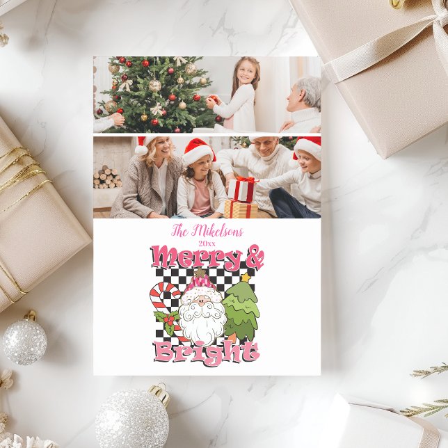2 Photo Chequered Merry & Bright Christmas Holiday Card (Creator Uploaded)