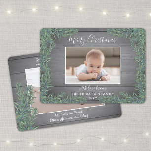 2 Photo Christmas Greenery & Rustic Grey Wood Holiday Card