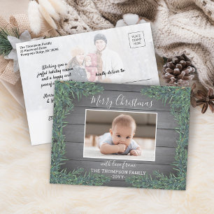 2 Photo Christmas Greenery & Rustic Grey Wood Holiday Postcard