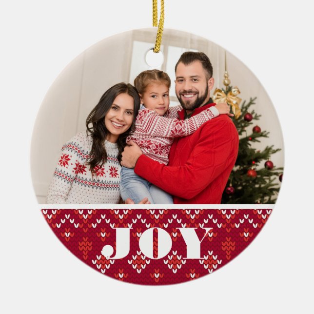 2 Photo Christmas Joy Nordic Sweater Holiday Ceramic Tree Decoration (Front)