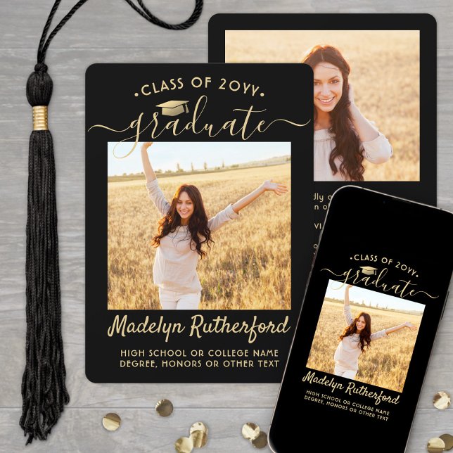 2 Photo Class Year Black & Gold Script Graduation Announcement (Creator Uploaded)