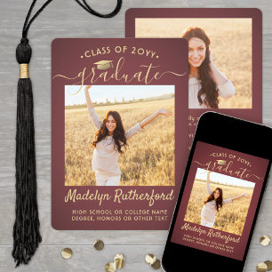 2 Photo Class Year Burgundy Gold Script Graduation Announcement