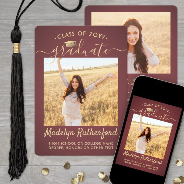 2 Photo Class Year Burgundy Gold Script Graduation Announcement (Creator Uploaded)