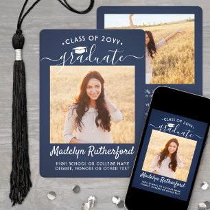 2 Photo Class Year Navy Blue and White Graduation Announcement