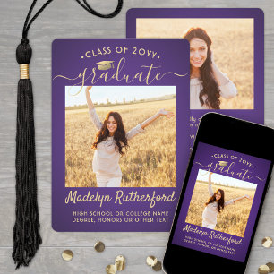 2 Photo Class Year Purple & Gold Script Graduation Announcement