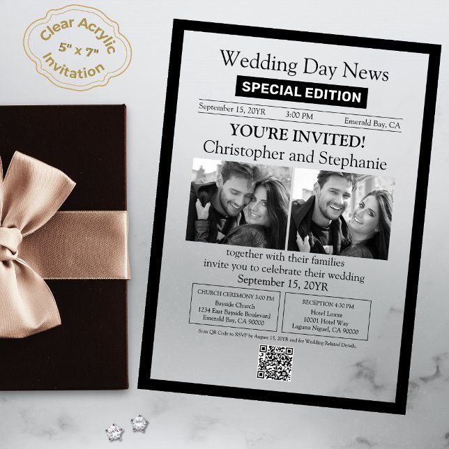 2 Photo Classic Typography Newspaper Wedding Acrylic Invitations (Classic Vintage 2 Photo Script All Season Newspaper Style Acrylic Wedding Invitation)