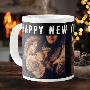 2 Photo Collage Black Happy New Year 2025  Large Coffee Mug