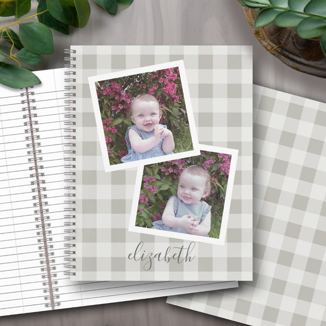 2 Photo Collage Buffalo Check Can Edit Beige Grey Notebook (Personalized notebook with an area for photos and text - option for different inside pages and coils)
