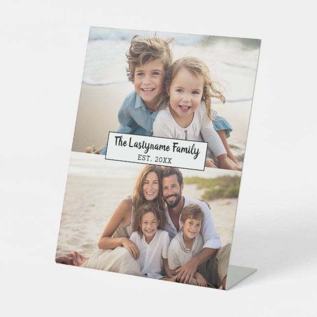 2 Photo Collage Family Name - Horizontal Pics Pedestal Sign (Front)