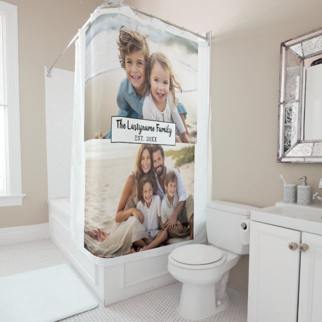 2 Photo Collage Family Name - Horizontal Pics Shower Curtain (In Situ)