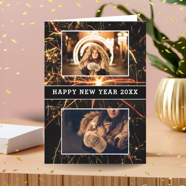 2 Photo Collage Firework Happy New Year 2026 Holiday Card (Creator Uploaded)