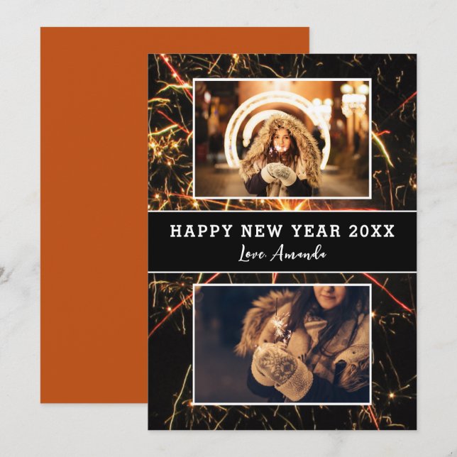 2 Photo Collage Firework Happy New Year Holiday Card (Front/Back)