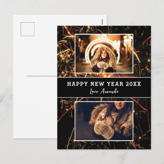 2 Photo Collage Firework Happy New Year Holiday Postcard (Front/Back)