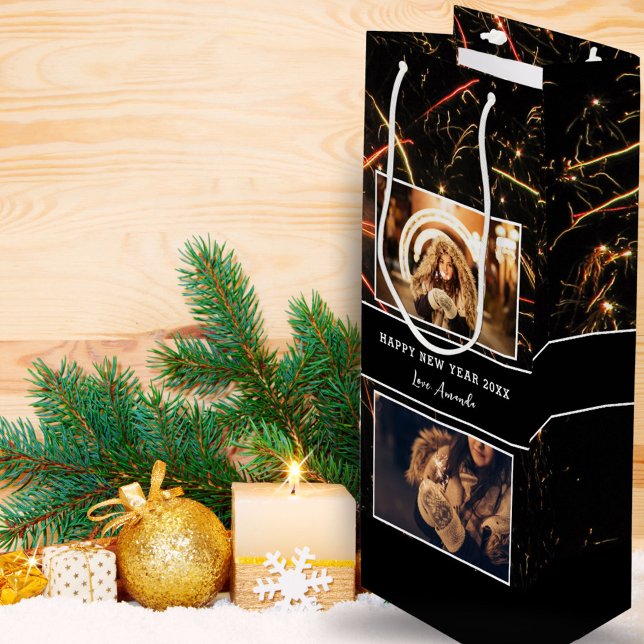 2 Photo Collage Firework Happy New Year  Wine Gift Bag (Creator Uploaded)