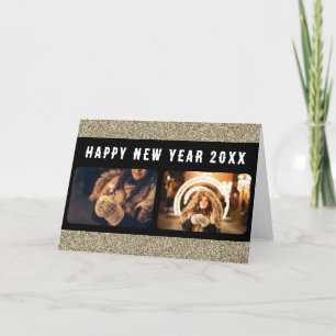 2 Photo Collage Gold Glitter Happy New Year 2023  Holiday Card