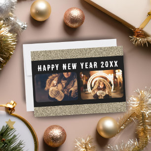 2 Photo Collage Gold Glitter Happy New Year 2025  Holiday Card