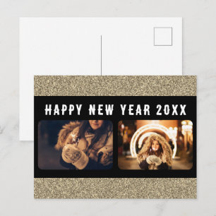 2 Photo Collage Gold Glitter Happy New Year 2026 Holiday Postcard