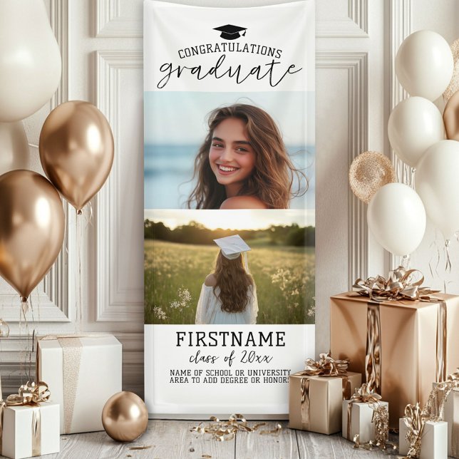 2 Photo Collage Graduation Modern Minimal White Banner (Custom Graduation Photo Banner - Great backdrop and Graduation Party Decoration)