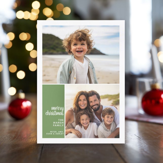2 Photo Collage Minimal Christmas green christmas Holiday Card (Modern, minimal Christmas Greeting card with 2 photos, color block and simple script text.)