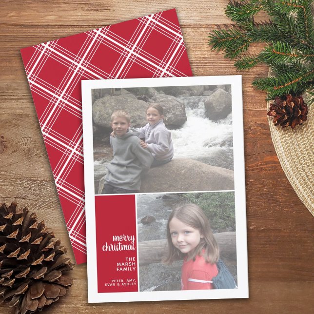 2 Photo Collage Minimal Christmas red Christmas Holiday Card (Creator Uploaded)