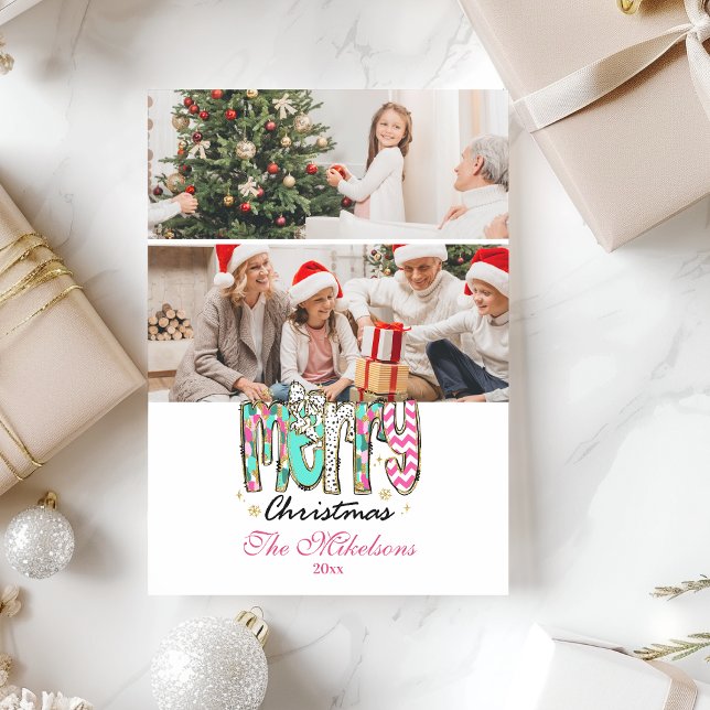 2 Photo Colourful Retro Merry Christmas Holiday Card (Creator Uploaded)