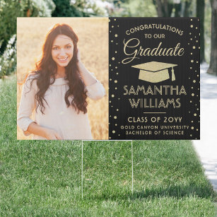 2 Photo Congrats Black and Gold Glitter Graduation Garden Sign