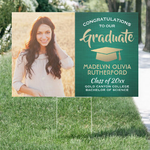 2 Photo Congrats Green Gold White Graduation Yard Garden Sign