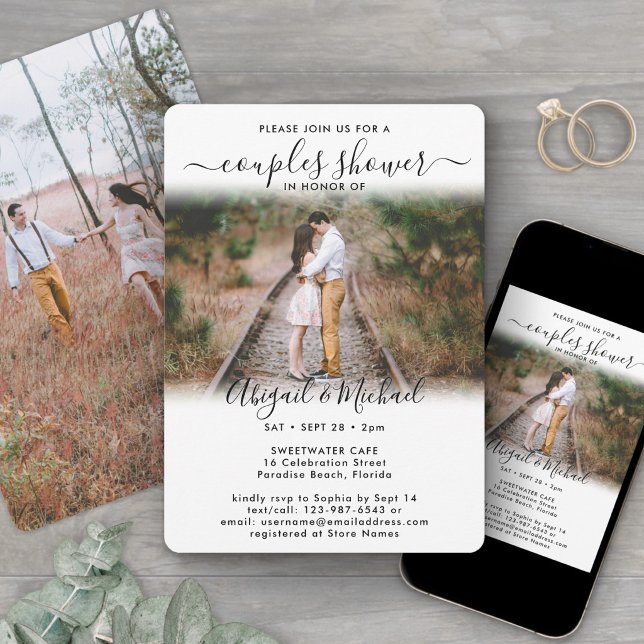 2 Photo Couples Bridal Shower Chic Modern Script Invitation (Creator Uploaded)