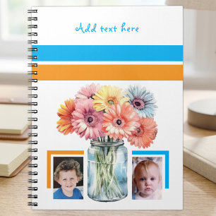 2 photo custom text flowers blue orange notebook
