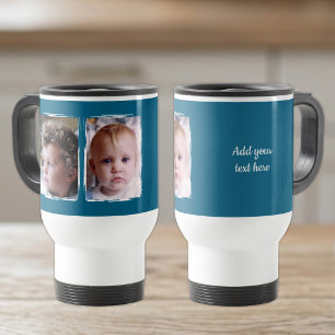 2 photo custom text white blue travel mug